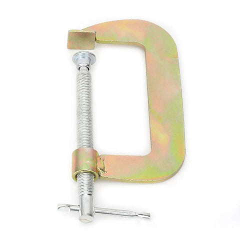 Heavy Duty G Clamp For Woodwork And Welding Fixtures 10 Inch Size With Heat Treated Carbon Steel Body shown from side angle.