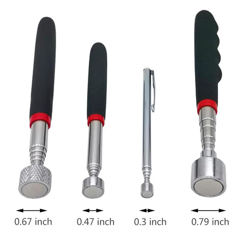 Magnetic pickup tool set, 4-pack with telescoping metal shafts and black handles with red accents, front view