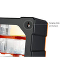 Close-up of hanging hole on Heavy Duty Plastic Organizing Case Featuring Custom Removable Walls For Screws Bolts Fasteners And Miniature Project Parts Engineered For Tough Daily Grind.