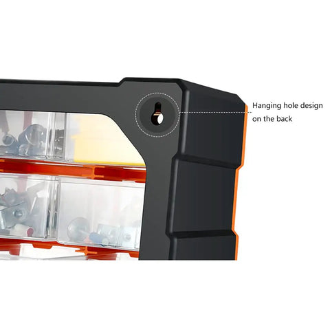 Heavy Duty Plastic Hardware Toolbox With Slide Out Compartments For Screws Bolts And Parts Organizer showing hanging hole design on back.