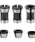 Top Shelf Six Piece Router Collet Adapter Kit For Woodworking Trimmers And Engraving Machines Featuring Slick Split Bushing Upgrades, details of split bushings.