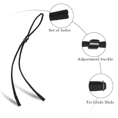 Detailed view of Glasses Strap Set 6 Pack Black Stretch Nylon And Spandex Eyewear Retainers with buckle and slide.