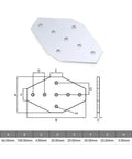 Illustration and dimensions of 7 Hole Cross Joining Plate For V Slot Extrusions Corner Bracket Connects Up To Four Sections