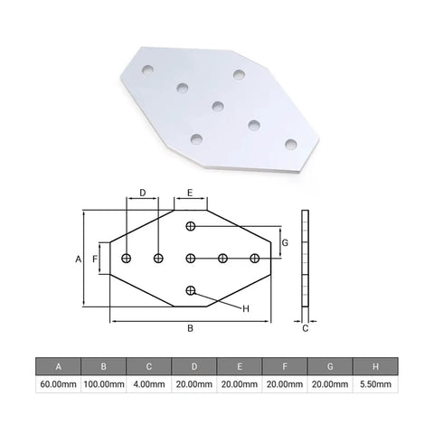 Illustration and dimensions of 7 Hole Cross Joining Plate For V Slot Extrusions Corner Bracket Connects Up To Four Sections