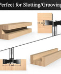 Pro Grade Carbide Tipped CNC Spoilboard Surfacing Router Bit With One Half Inch Shank, Two Inch Cutting Diameter And One Half Inch Depth, shown creating a slot in wood.