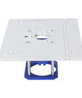 Rock Solid Aluminum Alloy Router Table Insert Plate With Heavy Duty Lift Kit, featuring stainless steel rods and blue base.