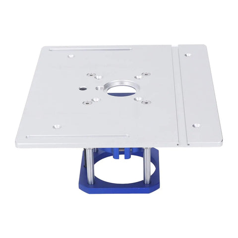 Rock Solid Aluminum Alloy Router Table Insert Plate With Heavy Duty Lift Kit, featuring stainless steel rods and blue base.