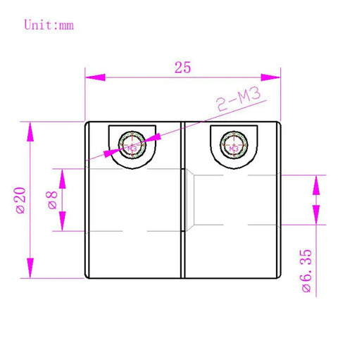 Two Pack Shaft Coupling Six Point Three Five To Eight Millimeter Aluminum Alloy Rigid Coupler Twenty Five Millimeter Length Twenty Millimeter Diameter For Stepper Motor Ideal For 3D Printers CNC Machines And DIY Projects dimension drawing, 25x20mm