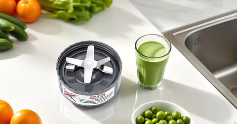 Extractor Blade Replacement For 600W And 900W Pro Series Blenders With Silicone Gasket Seal Ring on kitchen counter with smoothie.