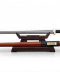 Fully Handmade Damascus Steel Folding Blade Sword with Rosewood Scabbard and Brass Fittings on Display Stand