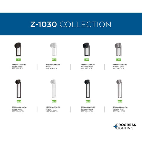 Z-1030 Collection featuring various modern outdoor LED sconces; compact, weather-resistant wall lights in multiple finishes.