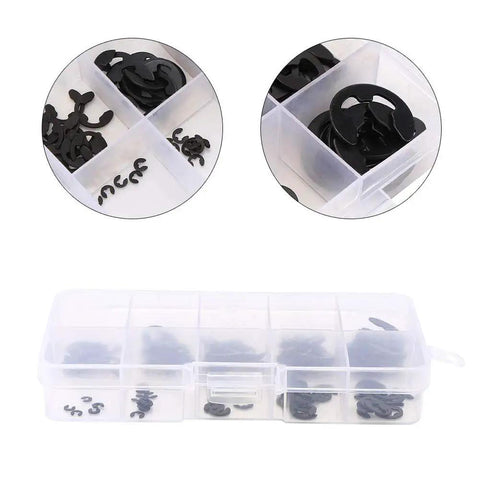120 Pcs E Clip Circlip Assortment Kit External Snap Ring And Retaining Ring Set in a clear plastic storage box