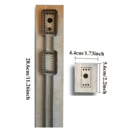 DIY Leather Shape Cutters Punch Die Set For Keychains And Small Leather Goods shown with dimensions on wooden base.