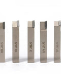 Five nickel-plated 5/16 in shank carbide turning tools with indexable inserts, front view