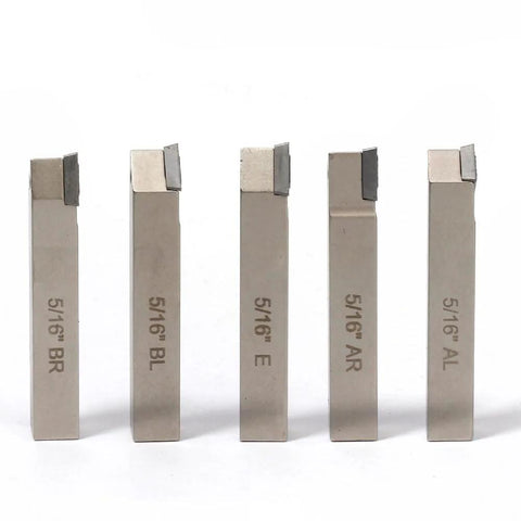 Five nickel-plated 5/16 in shank carbide turning tools with indexable inserts, front view