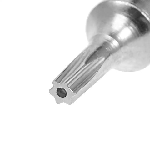 Close-up of a T8 Security Torx Screwdriver Bit with 1/4 Hex Shank and magnetic tips crafted from hardened S2 steel.