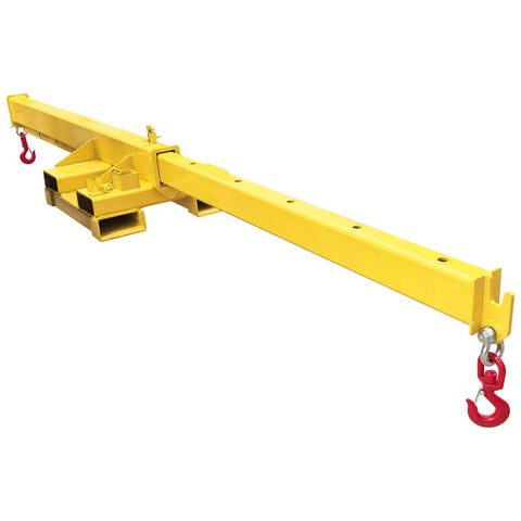3 Ton 6600 Lb Forklift Mobile Crane With Adjustable Telescopic Jib Boom showing yellow steel construction and heavy duty hooks.