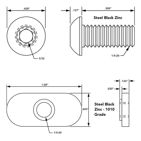 Technical drawing of 1/4-20 button head socket cap screws 1/2 inch long with slide-in economy T-nuts in black zinc finish.
