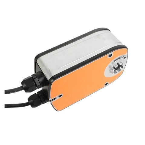 Heavy Duty Mechanical Rotary Damper Actuator With Smooth Precision Airflow Control For Dn Fifteen To Twenty Five Hvac Valves top view with orange and silver finish.