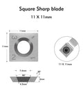 Square sharp tungsten carbide cutting tip, 11 x 11mm, designed for wood lathes and planes, featuring precise dimensions.