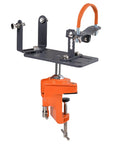 Adjustable Angle Grinder Holder with a Savage Grip Vise Base for Crushing Grinding Jobs and Polishing Tasks Featuring 360 Degree Swivel Action and Benchtop Mount for Serious Hands Free Power Tool Work, orange clamp with adjustable base.