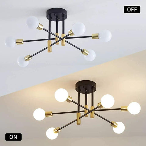 Sputnik Chandelier Modern Pendant Light Fixture In Black And Gold With Adjustable Arms, shown off and on