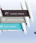 8x1 Inch Pocket Hole Screws Pack Of 500 Exterior Wood Screws For Woodworking Blue Coated Square Drive Self Tapping Hardened Carbon Steel Rock Solid All Weather Outdoor Ready, showing blue coated screw and features list