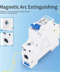 10 Amp Miniature 1 Pole Circuit Breaker Pack Of 2 With DIN Rail Mount For 120V And 240V AC Protection Ideal For Solar Panels RV Power Center And Home Electrical Systems With Fast Instant Trip Technology, white breaker angled view