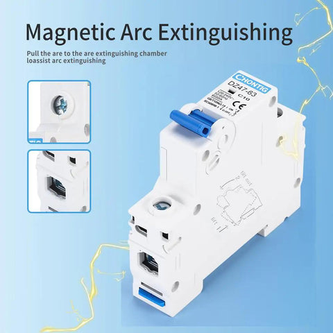 10 Amp Miniature 1 Pole Circuit Breaker Pack Of 2 With DIN Rail Mount For 120V And 240V AC Protection Ideal For Solar Panels RV Power Center And Home Electrical Systems With Fast Instant Trip Technology, white breaker angled view