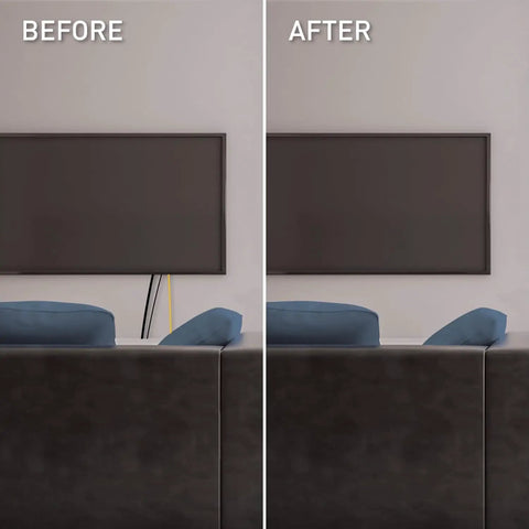 Before and after using Cord Cover With Grommets For Wall Mounted TV Cables, 2 Pack, Slick Cable Management Kit.