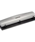 Rock Solid 3 Hole Punch For Office And Home Use With 12 Sheet Capacity, heavy duty metal construction, sleek silver finish, rubber base