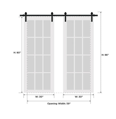 Sturdy Double Barn Door With Clear Glass Matte Black Finish, Heavy Duty Stainless Steel 13 Foot Rail Track System With Hangers