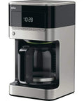 BrewSense 12 Cup Drip Coffee Maker With Pause And Pour Mid Brew No Fuss Coffee Machine With 24 Hour Timer And Clock, stainless steel