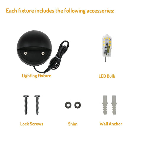 Contents of 2W Dope Low Voltage Landscape Deck Lights 12 Pack Waterproof IP65 Outdoor Patio Step Lighting With Replaceable G4 LED Bulbs In Black 12V 3000K Die Cast Aluminum Housing including fixture, LED bulb, lock screws, shims, and wall anchors.