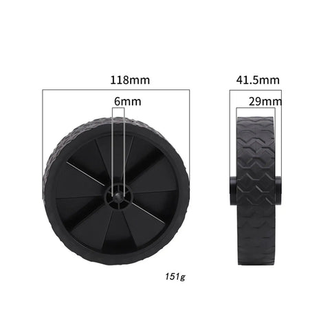 5 Inch Replacement Caster Wheels For Utility Folding Wagon Cart, side and front views, black plastic, measurements shown