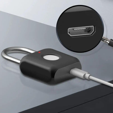 Bluetooth Fingerprint Padlock With App Control Remote Unlock And Unlock History showing charging port and fingerprint sensor