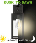 18 Inch Dusk To Dawn Outdoor Wall Lanterns Matte Black Porch Lights Exterior Lighting Architectural Sconces ETL Listed 2 Pack With Photocell Sensor No Fuss Auto On Off feature diagram