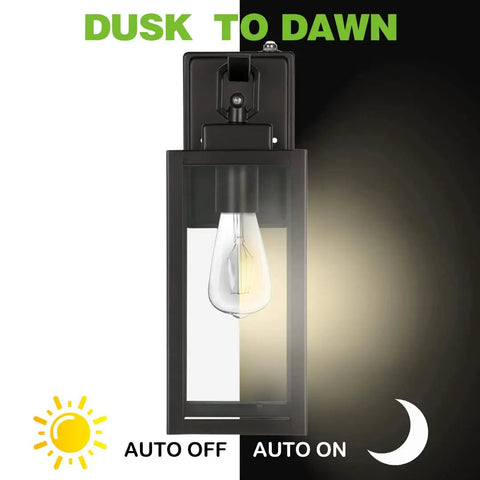 18 Inch Dusk To Dawn Outdoor Wall Lanterns Matte Black Porch Lights Exterior Lighting Architectural Sconces ETL Listed 2 Pack With Photocell Sensor No Fuss Auto On Off feature diagram