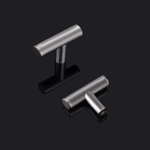 Brushed Nickel 5 Pack Single Hole Cabinet Knobs And Stainless Steel T Bar Handles Set, 2-Inch, on black background