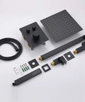 Dope Black Wall Mounted Bathroom Shower Combo That Steps Up The Game With A Bold Ten Inch Rain Head And Easy Grip Handheld Sprayer Plus Triple Setting Mixer Valve For Your Ultimate Hot Shower components laid out on a white background.