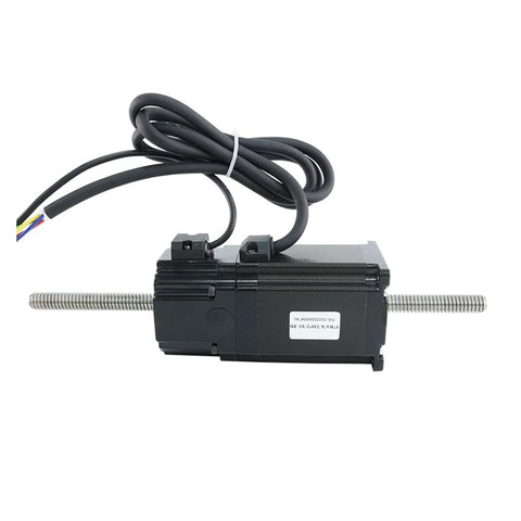 Side view of a black NEMA23 stepper motor with two threaded lead screws extending from both ends and a bundled cable.