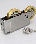 Heavy Duty Door Pulley And Sliding Roller Featuring Dual Copper Wheels Plus Precision Ball Bearings For Quiet Window And Patio Door Replacement Hardware That Works Like A Charm, showcasing dual copper wheels and steel frame.