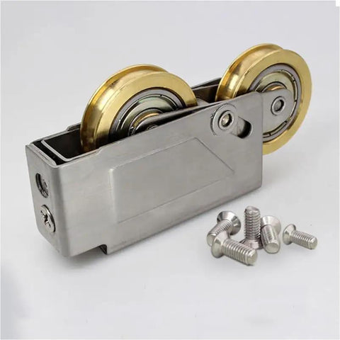 Heavy Duty Door Pulley And Sliding Roller Featuring Dual Copper Wheels Plus Precision Ball Bearings For Quiet Window And Patio Door Replacement Hardware That Works Like A Charm, showcasing dual copper wheels and steel frame.