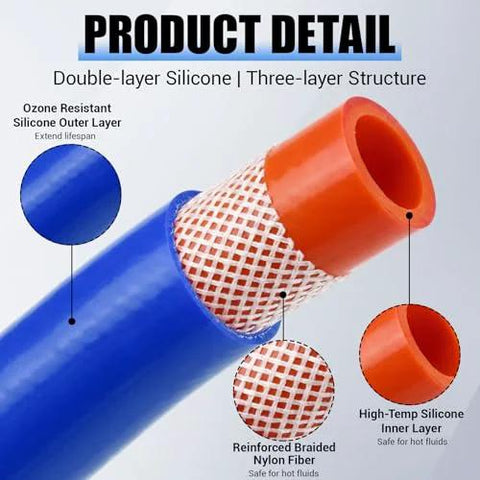 Silicone heater hose, 3/4 in ID; blue outer with orange inner layer and reinforced nylon braid visible
