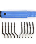 Heavy Duty Deburring Tool Kit For 3D Printers With Durable Alloy Construction And Ergonomic Grip. Blue handle with 10 versatile cutters.