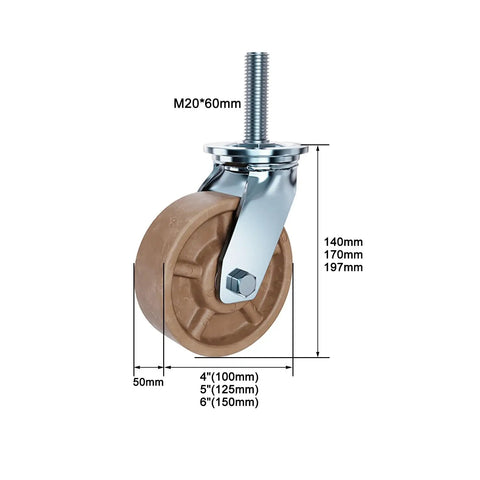 Beefy Heavy Duty Nylon Caster Wheels With Brakes, M20 top plate mount, dimension details