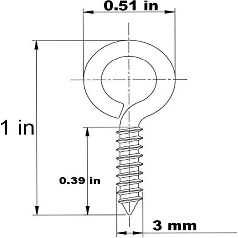 Diagram of 100 Pack 1 Inch Metal Screw Eyes Hooks Self Tapping Eye Rings For Indoor Outdoor Hanging Lifting and Securing Cables Wires