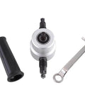 Double Head Sheet Metal Cutter for Electric Drill Attachment, includes nibbler tool, black handle, and silver wrench, for metal fabrication.
