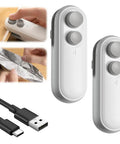 2 In 1 Rechargeable Bag Sealer With Cutter And Magnet in white, includes USB charging cable, shown sealing a foil bag, product close-up