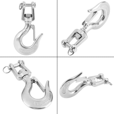 Built Like A Tank Heavy Duty Swivel Hook For Engine Hoist, stainless steel, secure latch, 360° rotation, detailed views